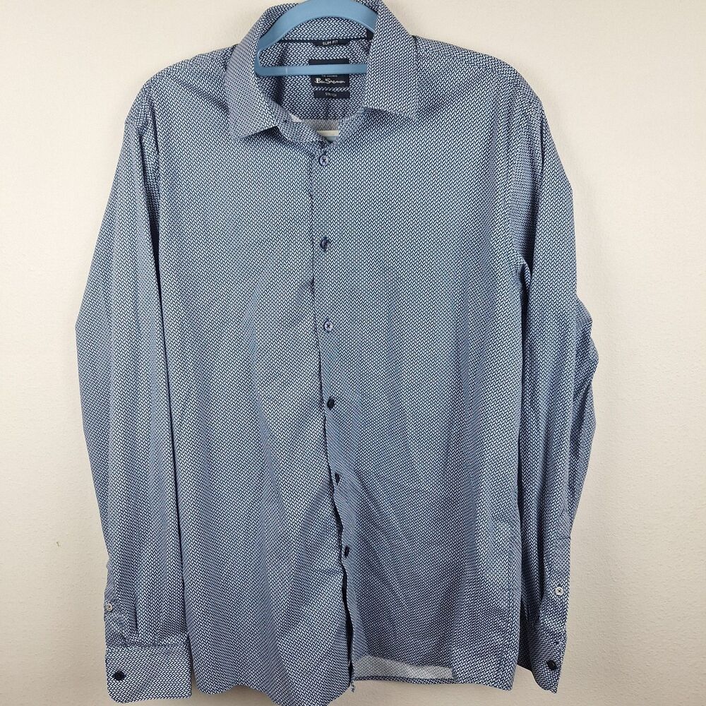 Ben Sherman Blue Patterned L/S Button Up Shirt Men's Size Large Stretch Slim Fit